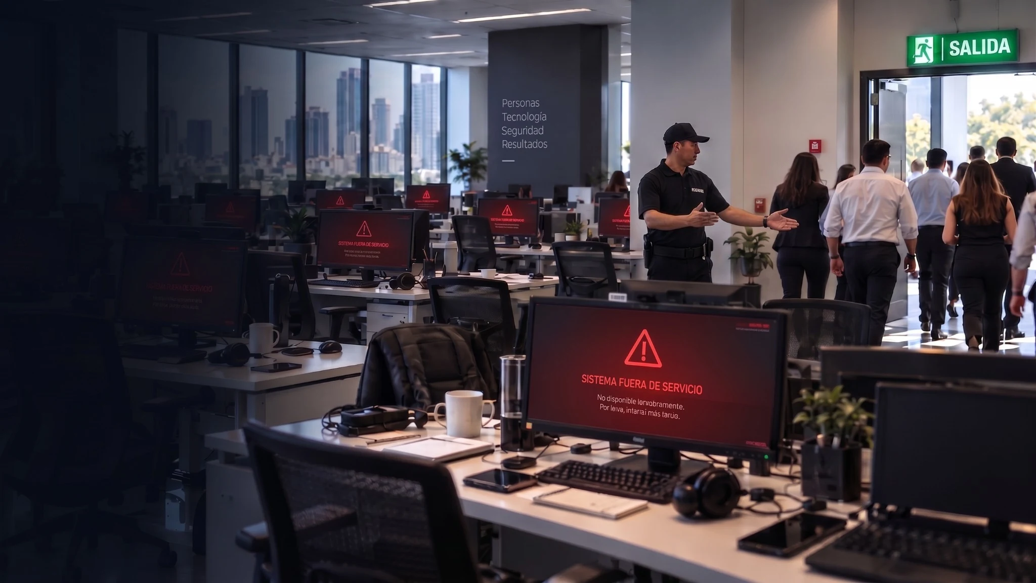 Oficina evacuando durante una interrupción operativa